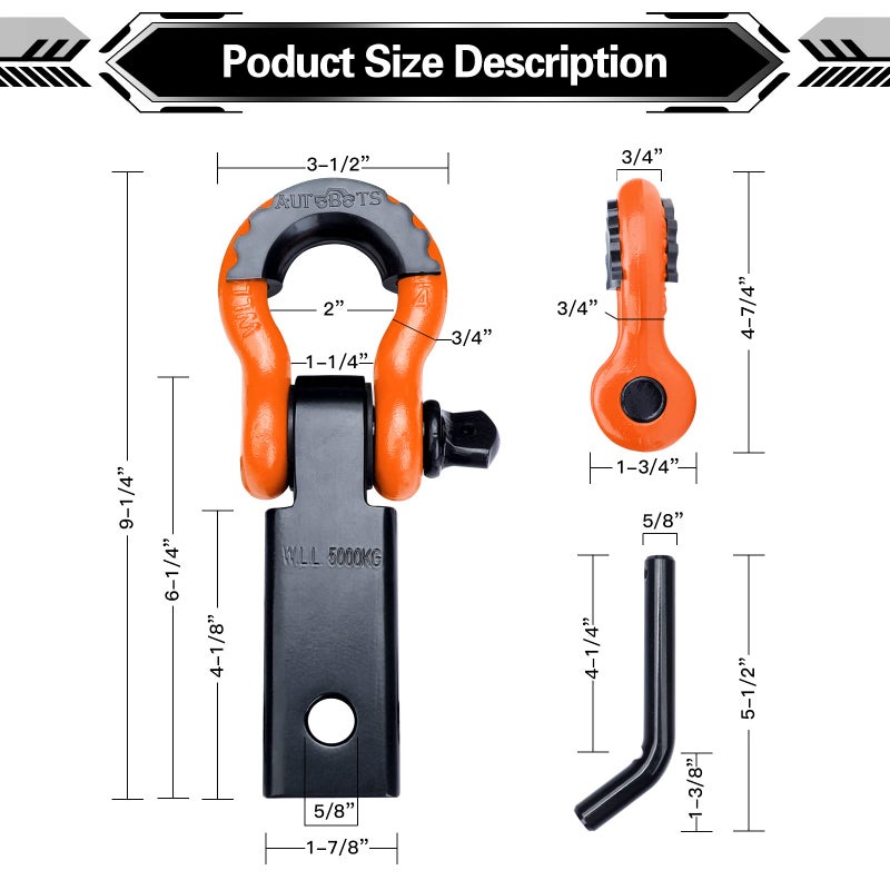 AUTOBOTS Shackle Hitch Receiver 2", 45,000 Lbs Break Strength Heavy Duty Receiver with 5/8" Screw Pin, 3/4" D Ring Shackles, Towing Accessories for Vehicle Recovery Off-Road, Orange&Black - Image 3